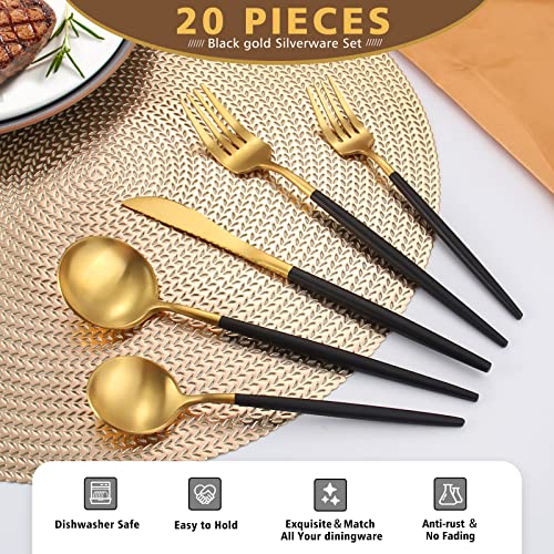 20pc Matte Black Gold Silverware Set for 4