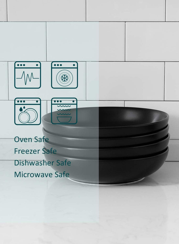 Teocera Matte Black Pasta Bowls Set of 4-35oz Large Oversized Porcelain Bowls for Spaghetti & Salad | Heat-Resistant, Chip-Resistant, Microwave & Dishwasher Safe | Smooth Non-Porous Surface