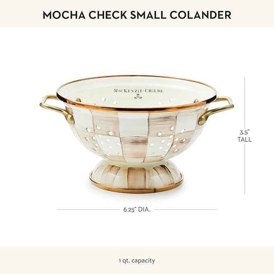 MACKENZIE-CHILDS Enamel Colander, Decorative Kitchen Strainer, Small, Brown-and-White Mocha Check