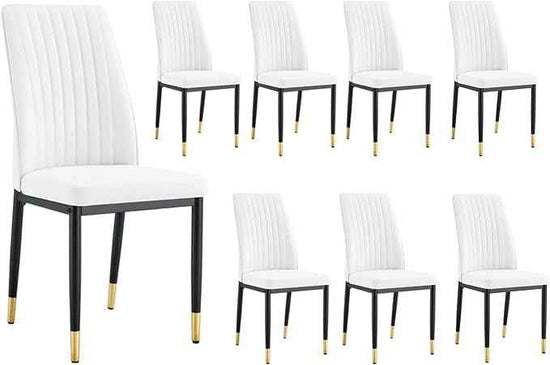 Modern Dining Chairs Set - 8 White PU Leather Armless Chairs with Metal Legs for Dinner Room, Office, Waiting Room