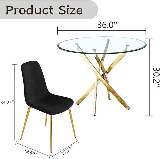 AF ARTISAN FURNITURE 36" Round Glass Dining Table Set for 4, 5-Piece Modern Kitchen Table with 4 Black Velvet Chairs, Modern Circle Leisure Table for Home Office Dining Room Small Spaces (Gold Leg)