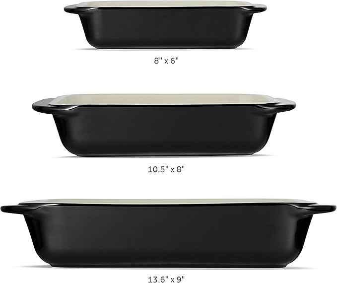 Tramontina Mae 3-Piece Ceramic Porcelain Baking Pans Set, Non Stick Casserole Dishes for Oven, Rectangular Bakeware for Lasagna, Cakes and Loafs (Black)