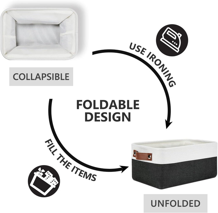 DULLEMELO Small Storage Baskets 6 Pack, Fabric Collapsible Gift Storage Baskets for Shelves, Closets, Nursery, Home, Office Organizing,Small Canvas Linen Rectangular Storage Bins (White&Black)