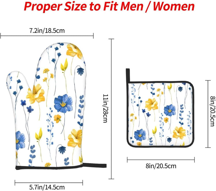 Navy Blue Yellow Flower Oven Mitts and Pot Holders Sets of 3 Watercolor Floral Decorative Hot Pads Heat Resistant Non Slip Washable for Cooking Grilling Baking BBQ Kitchen Decor