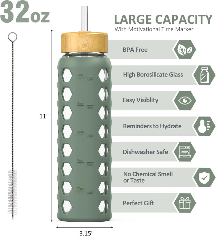 MUKOKO 32oz Glass Water Bottles with 2 Lids-Handle Spout Lid&Bamboo Straw Lid, Motivational Water Tumbler with Time Marker Reminder and Silicone Sleeve, Leakproof-Olive-1 Pack