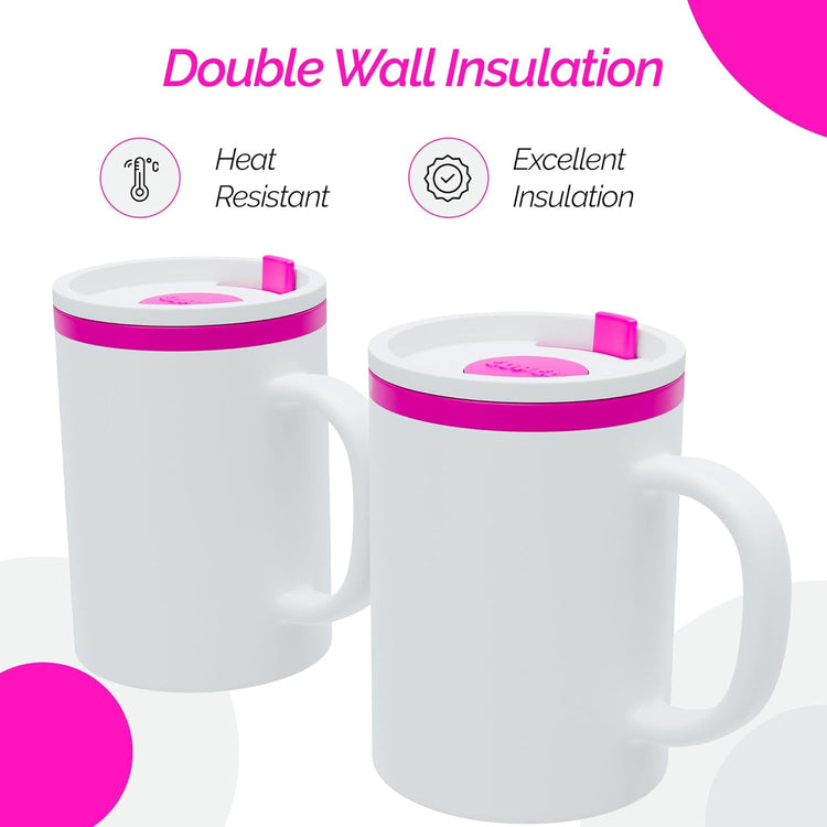 Copco Iconic 16oz Double Wall Insulated Desk Mug with Lid and Handle, Set of 2, BPA-Free Reusable Plastic, Spill-Proof, Microwave & Dishwasher Safe, Wide Mouth, Cup Holder Friendly (Pink)