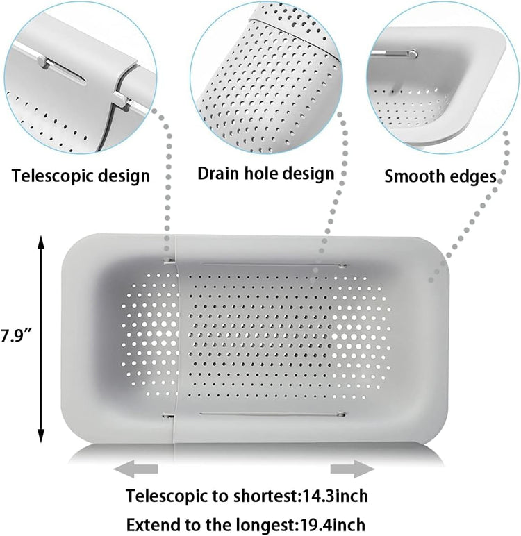 Collapsible Sink Colanders and Strainers Basket Over the Sink Colander Collapsible Colander Extendable Plastic Fruit Vegetable Strainer Drainer Basket for Kitchen(Length 14.3-19.4inch)(White Set of 2)