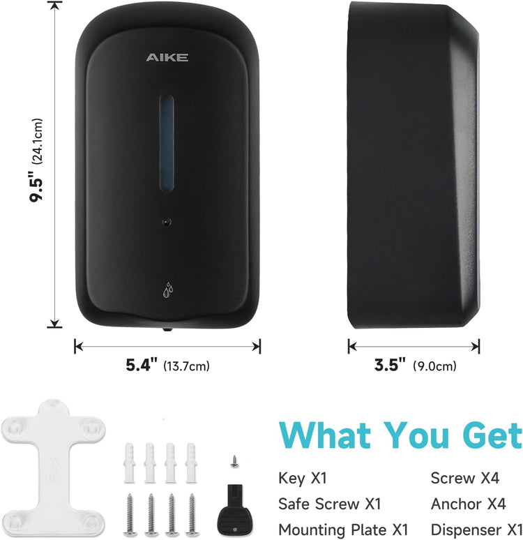 AIKE 33.8oz Automatic Wall Mount Liquid Soap Dispenser with Commercial ABS Construction, Model AK1226S(Black)