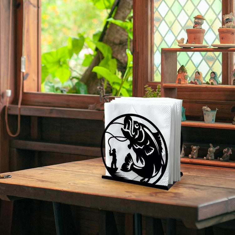 Fishing Decorative Black Metal Napkin Holder for Table, 5.3" x 4.9" x 1.9" Fisherman Fish Standing Napkin Holder for Home Kitchen Restaurant Picnic Party Coffee Bar Dining Room