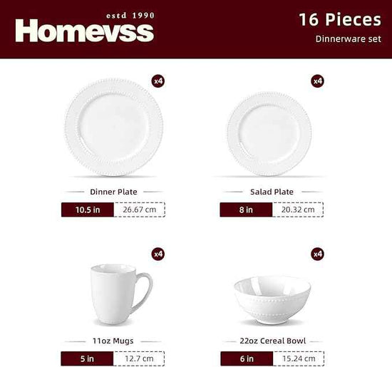 HomeVss, New Bone China Dinnerware Set, Embossed Pearl Design, 16pc Set