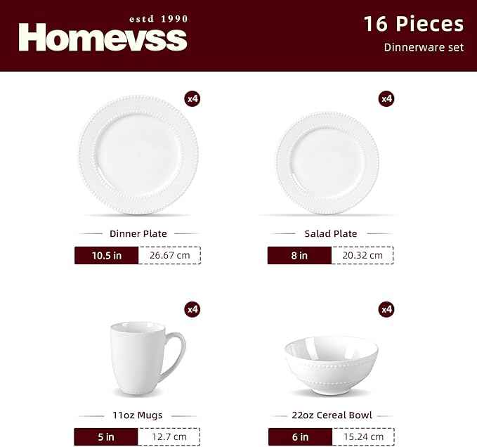 HomeVss, New Bone China Dinnerware Set, Embossed Pearl Design, 16pc Set