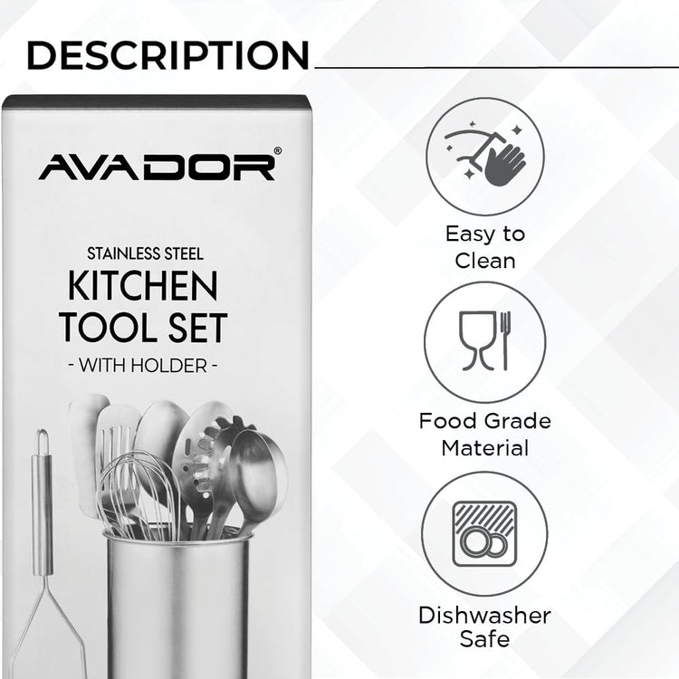 Premium Set of 10 Stainless Steel Kitchen Tool Set with Holder Easy To Clean (10 Count)