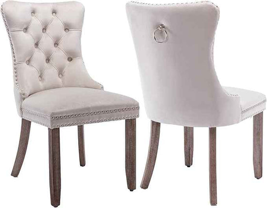 Beige Velvet Dining Chairs Set of 2, Upholstered Dining Room Chairs with Back Ring Pull Trim and Solid Wood Legs, Tufted Wingback Kitchen Chairs for Dining Room,Living Room,Kitchen(Beige)