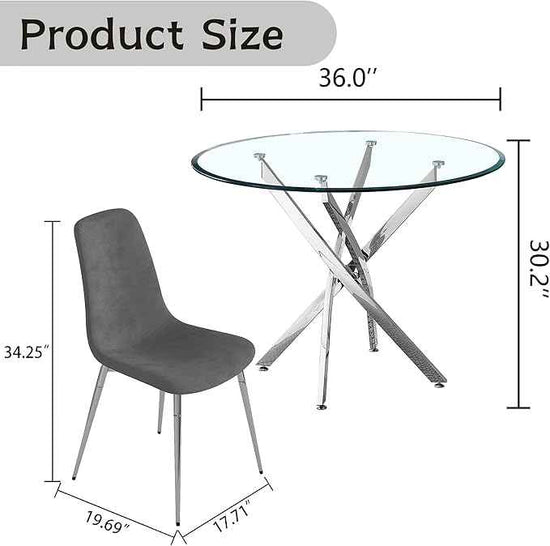 36" Round Glass Dining Table Set for 4, 5-Piece Modern Kitchen Table with 4 Grey Velvet Small Chairs, Modern Circle Leisure Tables for Home Office Dining Room Small Spaces (Silver Leg)