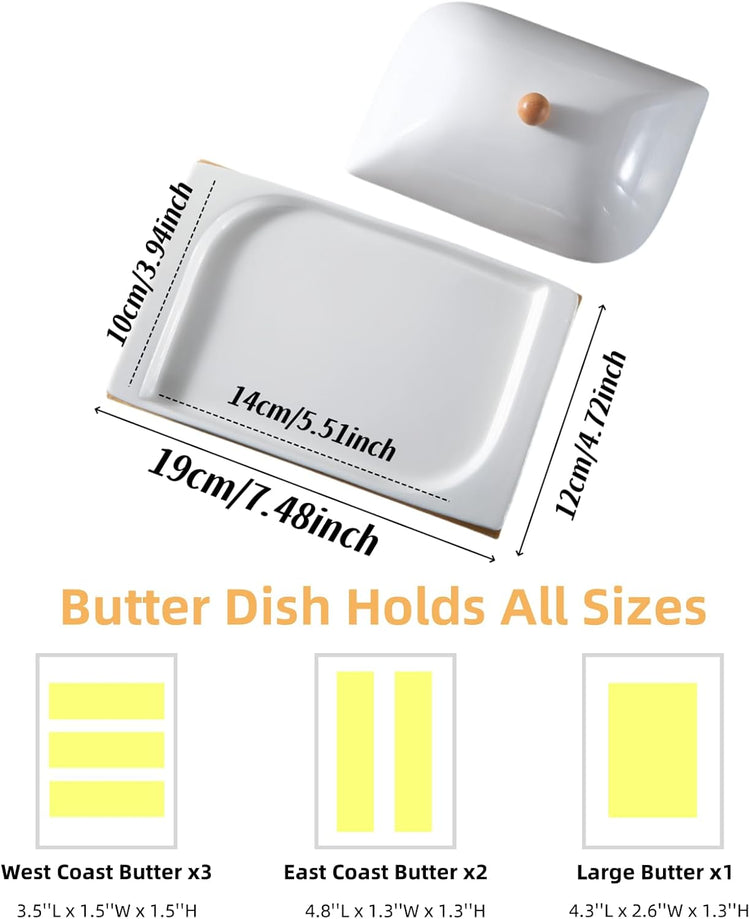 HAN SHENG Ceramic Butter Dish with Bamboo Tray & Lid - Butter Keeper Holder for Countertop, Fits East/West Coast & Large Sticks, Kitchen & Table Decor Gift