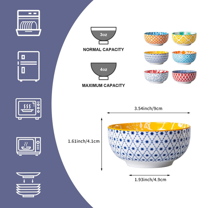 Ceramic Dipping Bowls Set - 4 Oz Small Dessert Bowl 3.5 Inch Porcelain Small Bowls for Side Dishes, Snack, Yogurt, Appetizer - Microwave Dishwasher Safe - Set of 6 - Assorted Colors