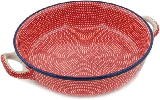 Polmedia Polish Pottery Round Baker with Handles 10-inch UNIKAT - Red Sea Pattern Handmade in Boleslawiec Poland by Ceramika Artystyczna + Certificate of Authenticity