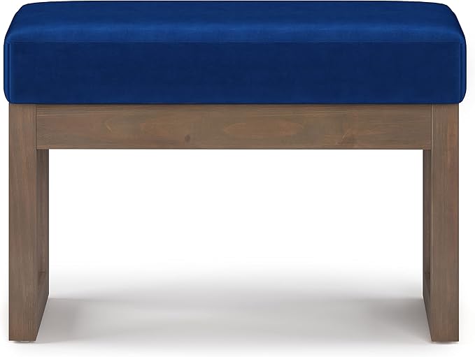 SIMPLIHOME Milltown Small Ottoman Bench - 27 inch Wide Upholstered Velvet Fabric Rectangle Footstool Ottoman in Blue, Contemporary Bench for Bedroom with Cushioned Seat, Assembled