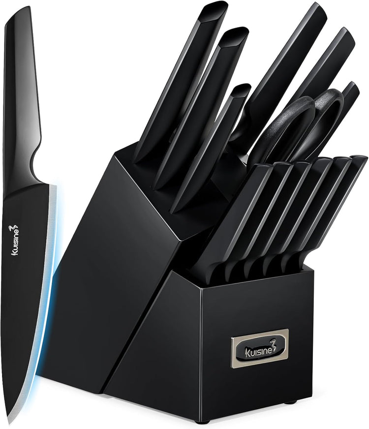 Kuisine Premium Knife Set,One-piece Steel Molding,High Carbon Stainless Steel Ultra Sharp,Non-slip Ergonomic Solid Steel Handle,Built-in Sharpener Knife Block Set,Luxury Gift(15PCS,Black)