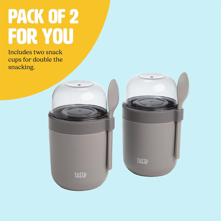 Tasty Travel Snack Cups with Spoons, On-The-Go Snacking, Divided Compartments, Great for Nuts, Cereal, Granola, Yogurt and More, Made Without BPA, 2-Pack, Gray