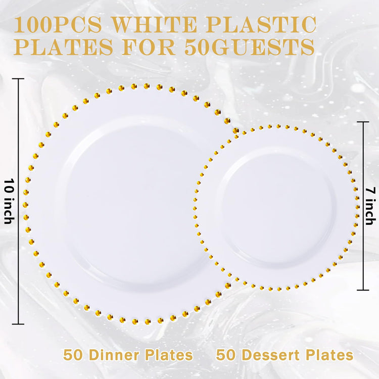100pcs White Plastic Plates with Gold Beads for Bridal Showers (100 Count)