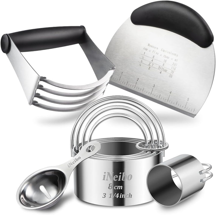 iNeibo Professional Baking Tools Biscuit Cutter Set Dough Blender/Cutter Round Cookies Cutter with Handle + Pastry Scraper+Egg Separator Heavy Duty Baking Dough Tools Pastry Utensils (Baking Tools)