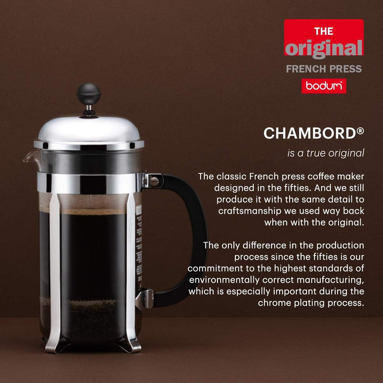 Bodum 34oz Chambord French Press Coffee Maker, High-Heat Borosilicate Glass, Stainless Steel, White – Made in Portugal