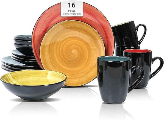Stoneware Sonoma 16pc Dinnerware Set, Black + Speckled Spin Wash, Mix Blue, Green, Red, Yellow