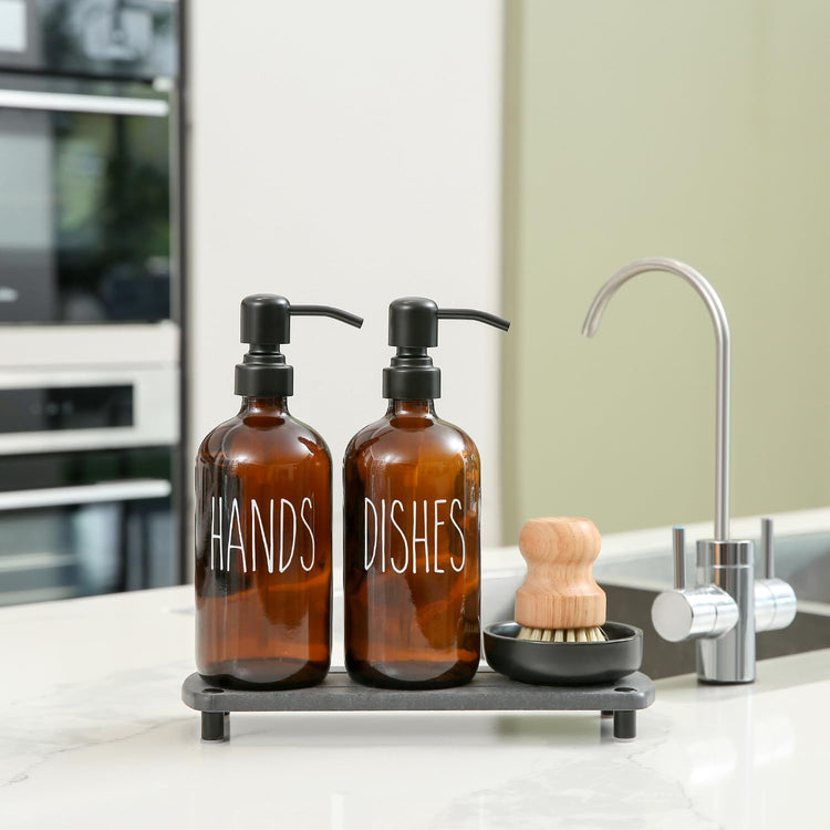 Amber Glass Soap Dispenser Set Comes with Stainless Steel Pumps