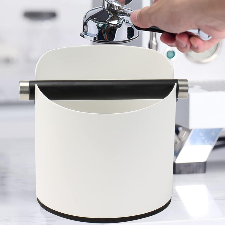 DIBTSA Coffee Knock Box, Espresso Knock Box Stainless Steel Espresso Machine Accessories with Removable Knock Bar and Non-Slip Base Coffee Grounds Container Bin, Large (White)