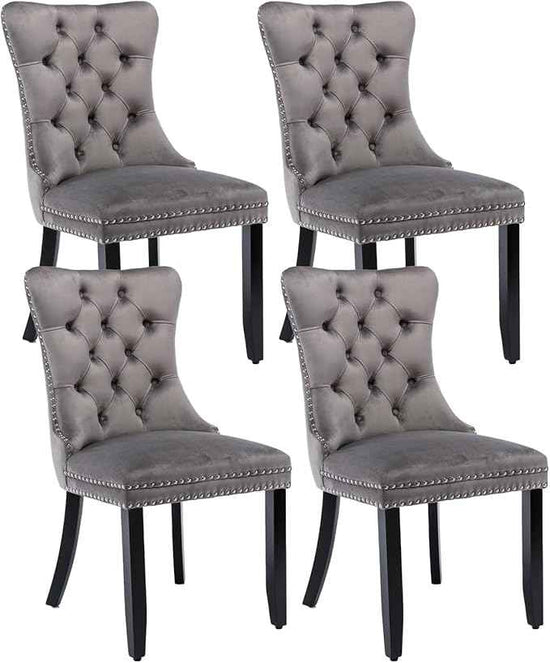 Grey Velvet Dining Chairs Set of 4, Upholstered Dining Room Chairs with Back Ring Pull Trim and Solid Wood Legs,Tufted Wingback Kitchen Chairs for Dining Room,Living Room,Kitchen(Grey)