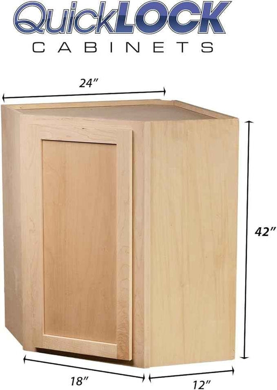 Quicklock RTA (Ready-to-Assemble) 42" Tall Wall Kitchen Cabinets - Shaker Style | 100% Hardwood | Made in America | Soft Close Hardware (Raw Maple, 12" D x 24" W x 42" H Corner)