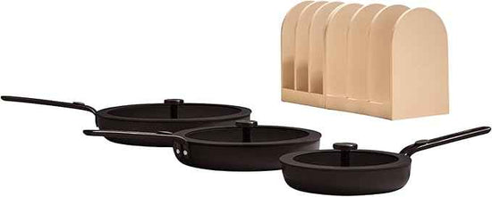 Our Place 8-Piece Essentials Complete Cookware Set - Ceramic Fry Pan Trio & Modular Rack Storage | Nontoxic Thermakind™ Nonstick, Oven Safe up to 450°F & Compatible with All Cooktops | Char