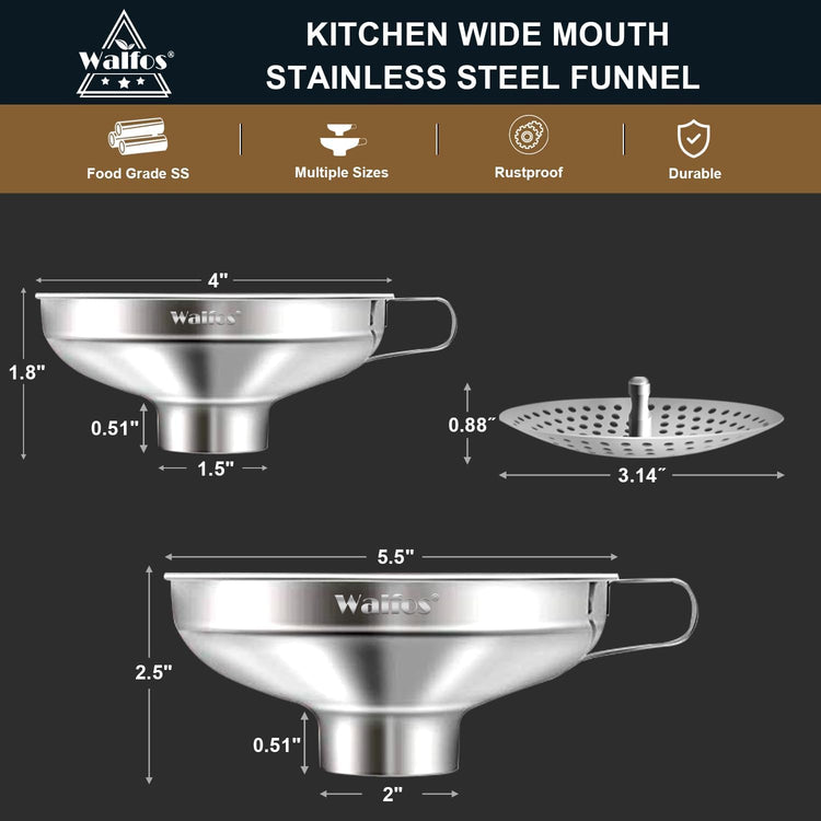 Walfos 5.5 Inch and 4 inch Stainless Steel Wide-Mouth Funnel with Handle for Wide and Regular Mason Jars Canning Jars,Wide Mouth Funnels for Kitchen Use Transferring Liquid and Dry Ingredients!