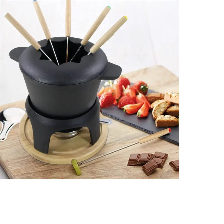 Traditional Fondue Set Matte black enameled cast iron fondue for Taditional swiss fondue 12 pcs fondue pot. for Meat