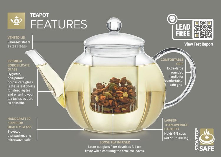 Stovetop & Microwave Safe Glass Teapot with Removable Loose Tea Glass Infuser