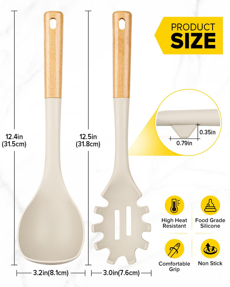 Silicone Soup Ladle and Spaghetti Spoon Set with Wooden Handle (2 Count)