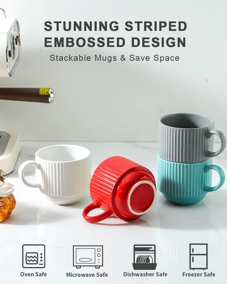 Hasense Ceramic Coffee Mug Set of 4 with Rack - 15 oz Stacking Ribbed Latte Cups Set for Cappuccino, Tea, Hot Cocoa, Drinks - Wedding & Housewarming Gifts Assorted Colors