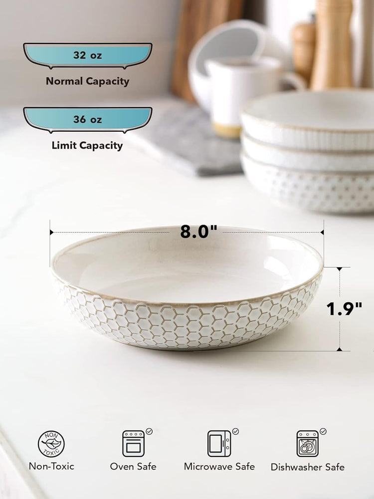 LE TAUCI Pasta Bowl 36 oz, Salad Bowl Serving Plate Bowls, Housewarming Wedding Present, Ceramic Embossment Bowl for Pasta, Fruits, Salad, Noodle, Dinner - 8 Inch, Set of 4, Arctic White