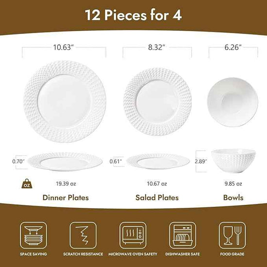 KINGSTONE Bone China Dinnerware Set, 12-Piece White Lightweight Porcelain for 4, Plates and Bowls with Rhombus patterned edge design, Microwave and Dishwasher Safe, for Family, Restaurant, Gifting