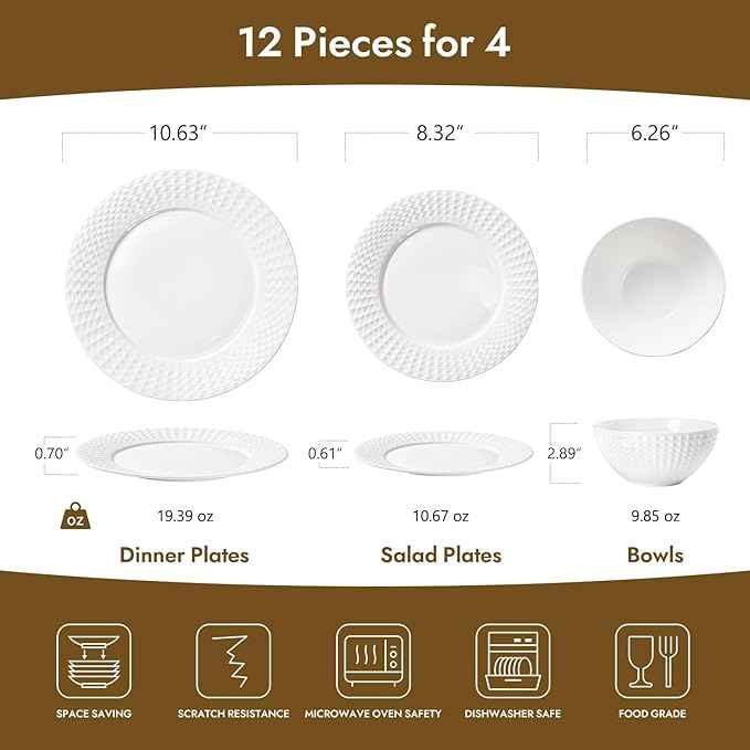 KINGSTONE Bone China Dinnerware Set, 12-Piece White Lightweight Porcelain for 4, Plates and Bowls with Rhombus patterned edge design, Microwave and Dishwasher Safe, for Family, Restaurant, Gifting