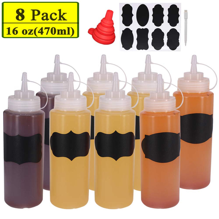 8 Pack 16 oz Plastic Squeeze Condiment Bottles with Cap Lids (8 Count)