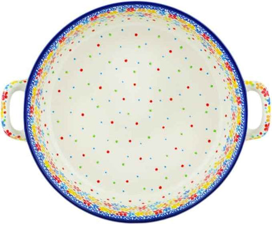Polmedia Polish Pottery Round Baker with Handles 10-inch UNIKAT - Flower Meadow In The Garden Pattern Handmade in Boleslawiec Poland by Ceramika Artystyczna + Certificate of Authenticity