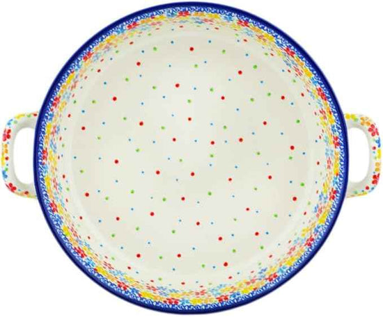 Polmedia Polish Pottery Round Baker with Handles 10-inch UNIKAT - Flower Meadow In The Garden Pattern Handmade in Boleslawiec Poland by Ceramika Artystyczna + Certificate of Authenticity