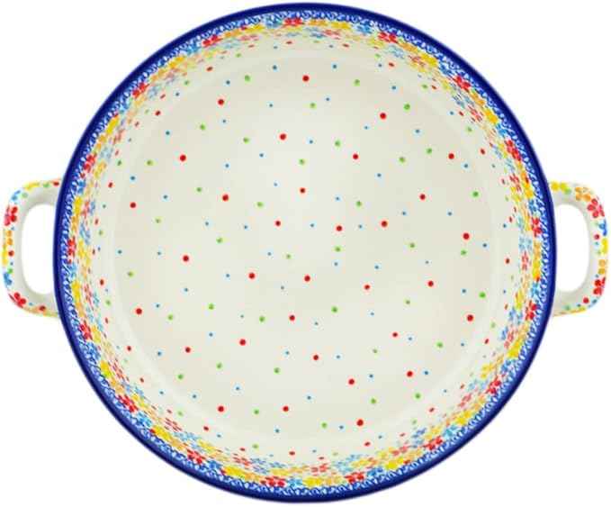 Polmedia Polish Pottery Round Baker with Handles 10-inch UNIKAT - Flower Meadow In The Garden Pattern Handmade in Boleslawiec Poland by Ceramika Artystyczna + Certificate of Authenticity