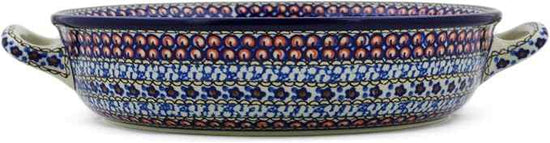 Polmedia Polish Pottery Round Baker with Handles 10-inch UNIKAT - Cobalt Poppies Pattern Handmade in Boleslawiec Poland by Ceramika Artystyczna + Certificate of Authenticity
