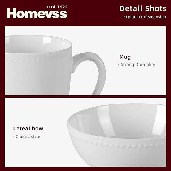 HomeVss, New Bone China Dinnerware Set, Embossed Pearl Design, 16pc Set