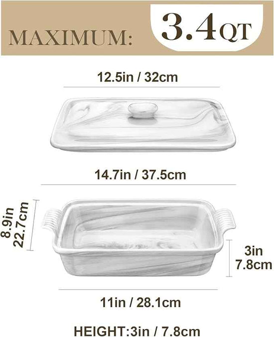 MALACASA Casserole Dish With Lid, 3.4 Quart Baking Dish With Lid, Lasagna Pan Deep Ceramic Bakeware Covered Casserole Dish, Microwave, Oven Safe, Series BAKE-GREY