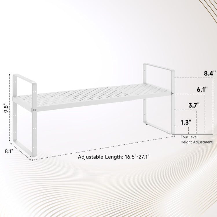 Hole Pattern Expandable Shelf Organizer,2Pack 8.1" Wide Easy to Assemble Cabinet Organizer Shelf, 16.5~27.1" Adjustable Height&Stackable Spice Organization for Cupboard, White