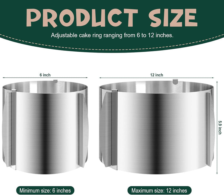 2 Pcs 6-12 Inch Adjustable Cake Mold Ring, 5.91'' High, 6 to 12'' Adjustable Cake Ring Cake Baking Supplies Baking Rings Round Stainless Steel Bakeware Tools with Scaling DIY Baking Mold Tool